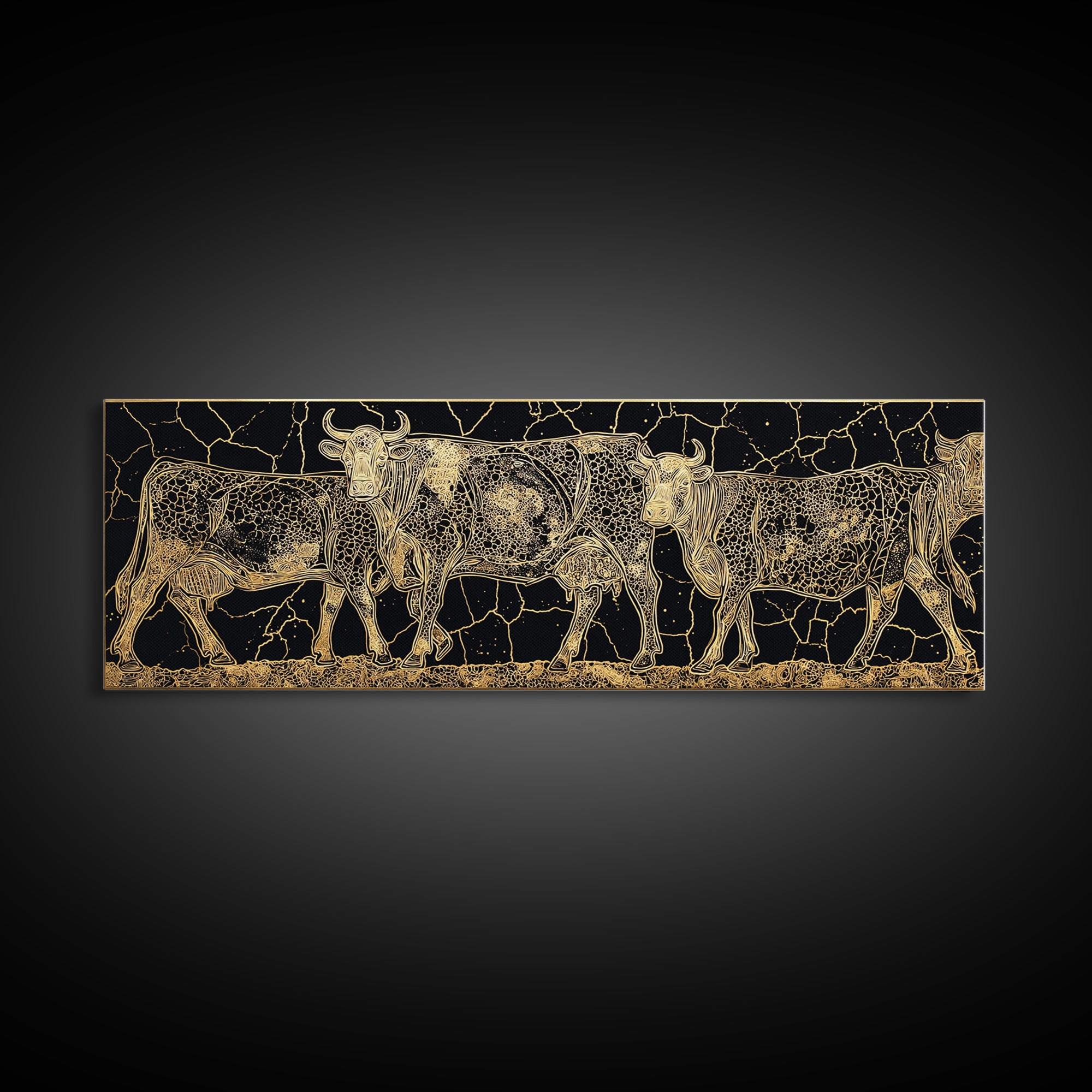 Gold Engraved African Cattle Herd Canvas Print, Black And Gold Safari Animal Art, Rustic Farmhouse Wall Decor Gift For Him