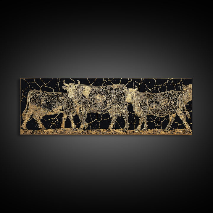 Gold Engraved African Cattle Herd Canvas Print, Black And Gold Safari Animal Art, Rustic Farmhouse Wall Decor Gift For Him
