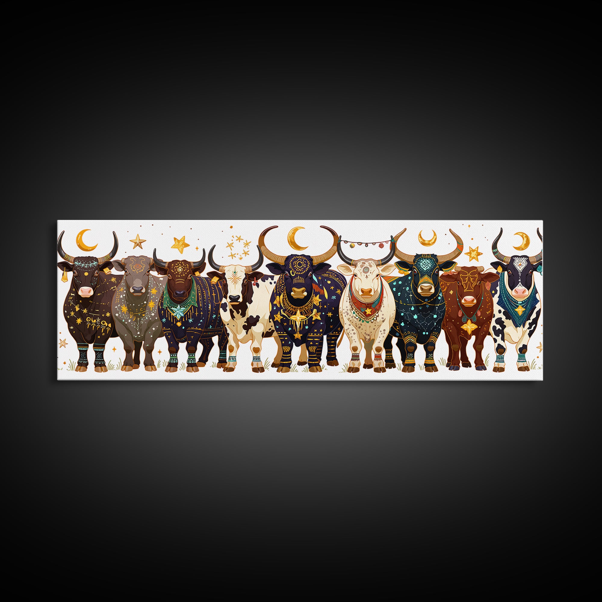 Celestial Boho African Bulls With Moon Charms Canvas Print, Colorful Safari Animal Wall Decor, Afrocentric Housewarming Gift