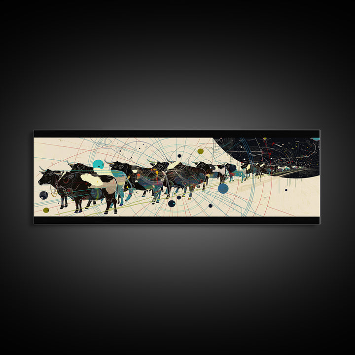Abstract African Cattle Herd With Geometric Map Lines Framed Canvas Print, Modern Black Wall Art, Contemporary Office Decor