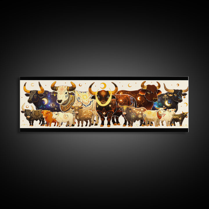 Ornate Celestial African Bulls And Calves Canvas Print, Moon Phase Safari Animal Wall Art, Boho Farmhouse Decor Gift For Her