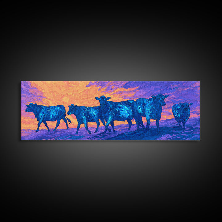 Blue Cattle Herd Walking At Sunset Wall Art, Colorful African Safari Animal Print, Dreamy Landscape Canvas Decor, Living Room Gift