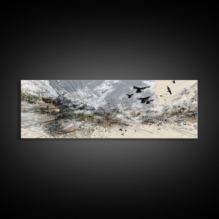 Stormy Abstract Birds Over Desert Horizon Wall Art, Modern African Inspired Landscape, Neutral Boho Large Canvas Decor Print