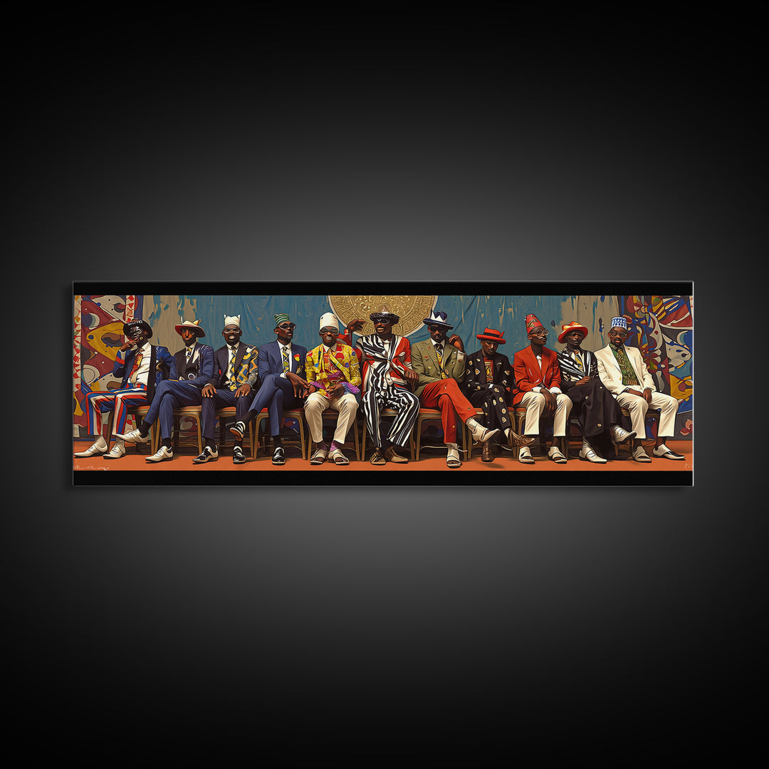 Seated African Dandy Chiefs In Colorful Suits Framed Canvas Print, Afrocentric Wall Decor, Black Culture Statement Art Gift