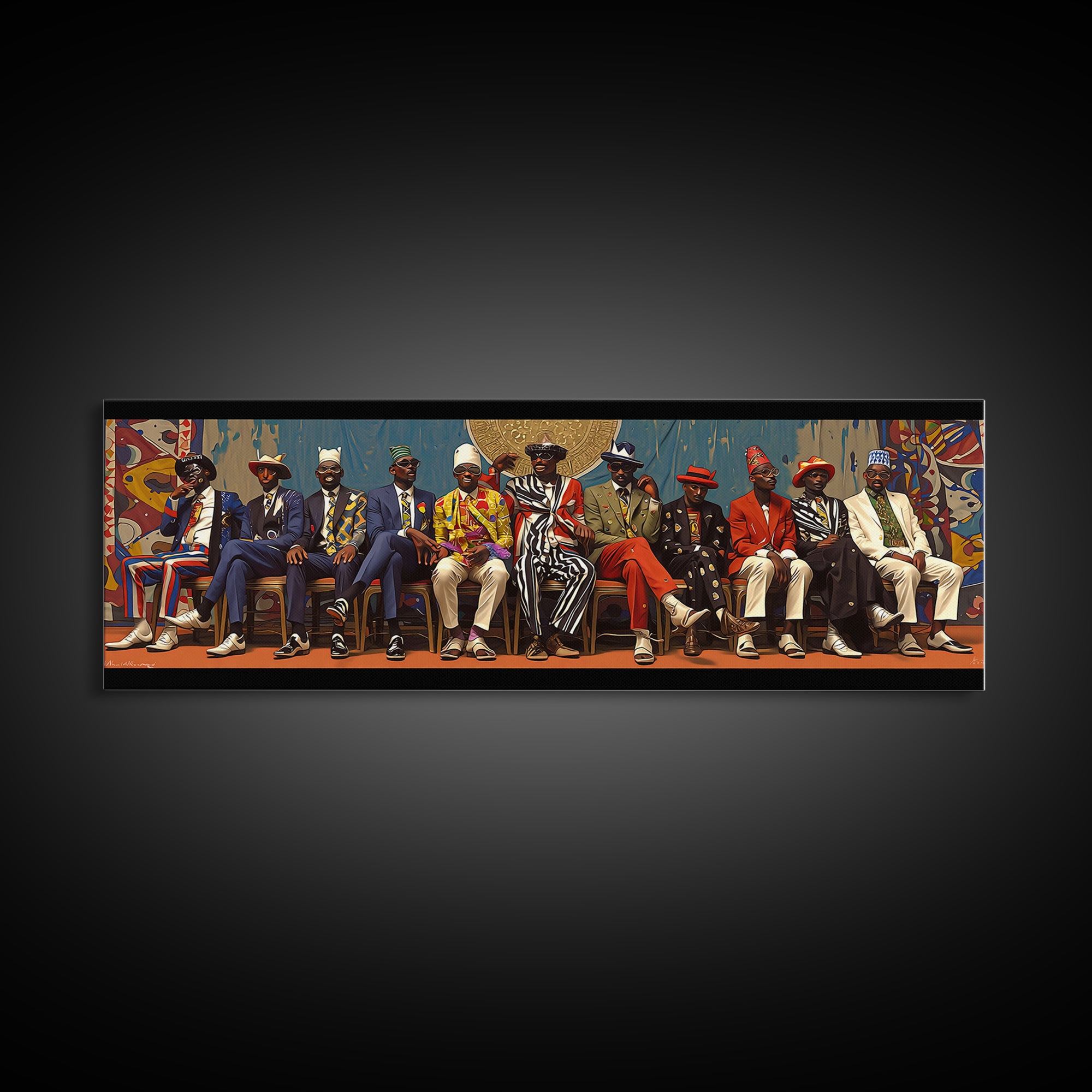 Seated African Dandy Chiefs In Colorful Suits Framed Canvas Print, Afrocentric Wall Decor, Black Culture Statement Art Gift
