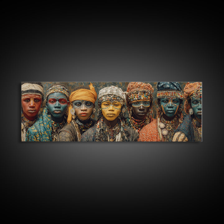 Beaded African Women With Painted Faces Canvas Print, Tribal Queen Portrait Wall Art, Afrocentric Cultural Home Decor Gift