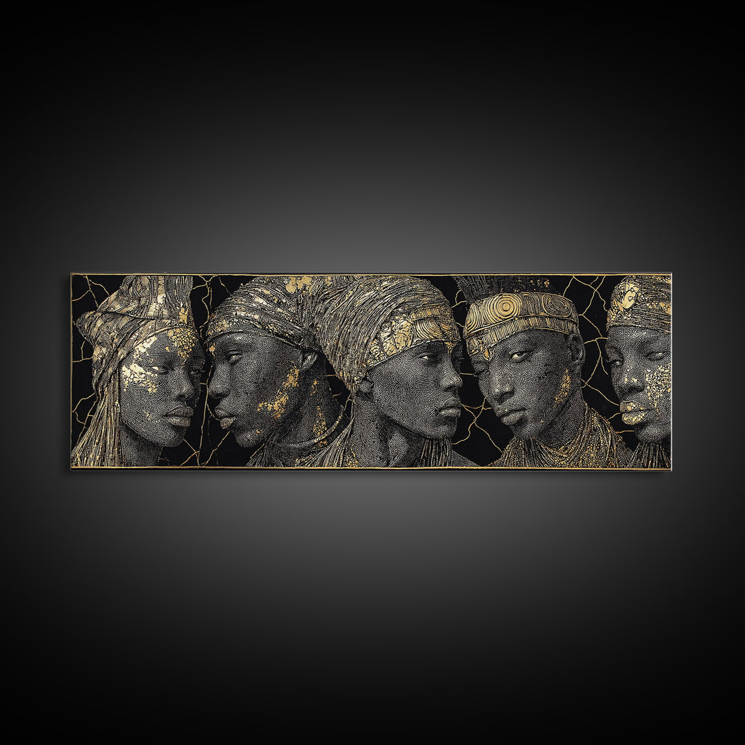 Gold Etched African Elder Profiles On Black Canvas Print, Elegant Tribal Portrait Wall Art, Luxury Afrocentric Home Decor