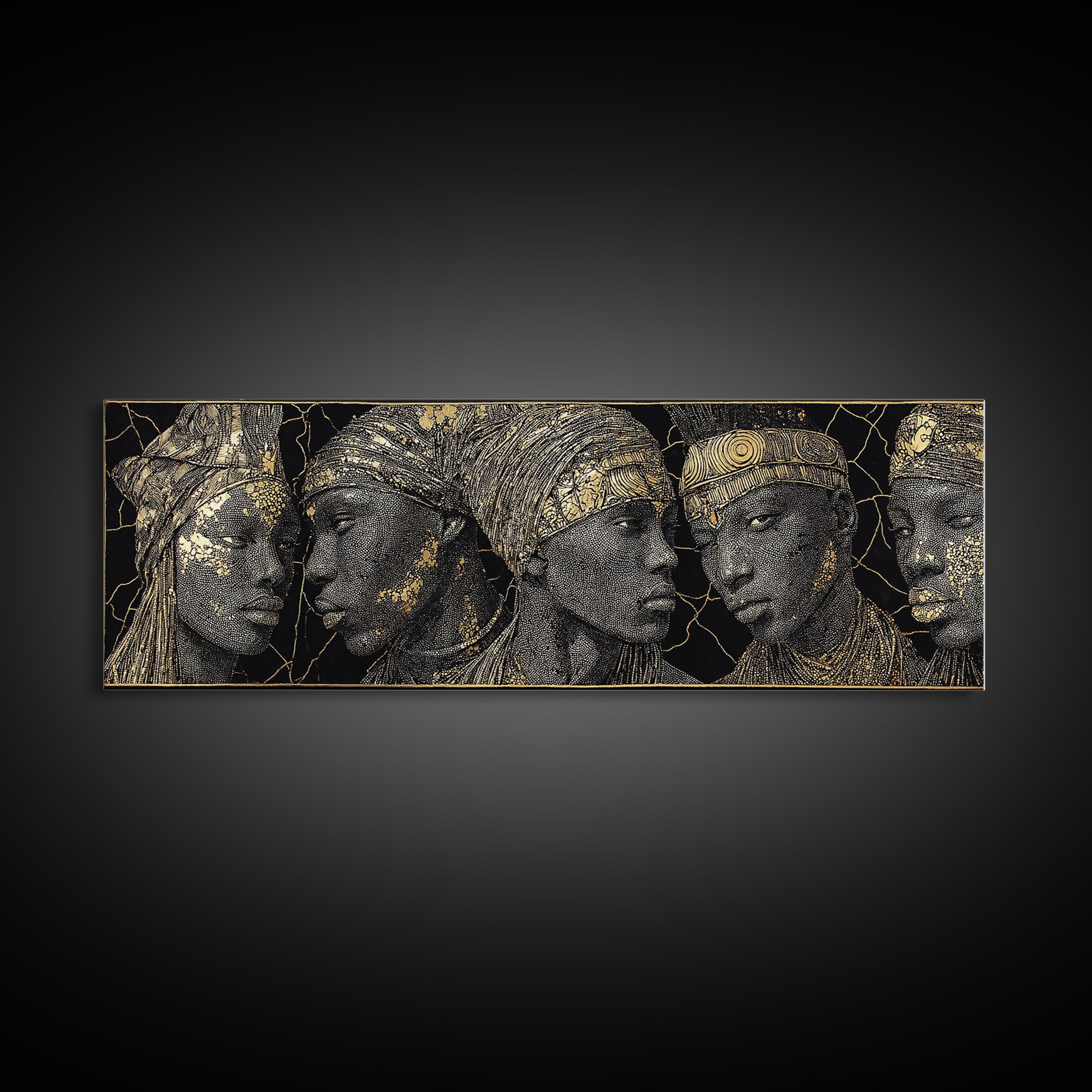 Gold Etched African Elder Profiles On Black Canvas Print, Elegant Tribal Portrait Wall Art, Luxury Afrocentric Home Decor
