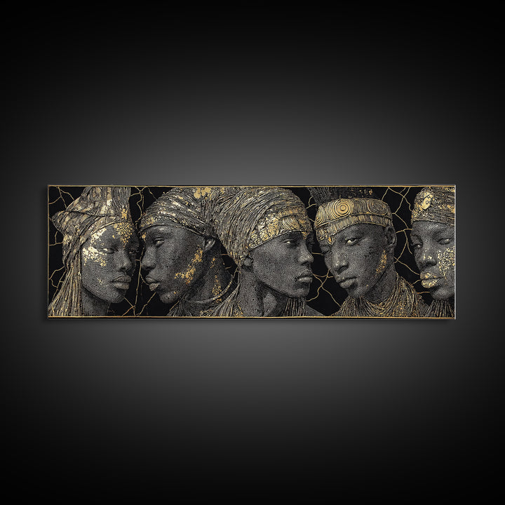 Gold Etched African Elder Profiles On Black Canvas Print, Elegant Tribal Portrait Wall Art, Luxury Afrocentric Home Decor