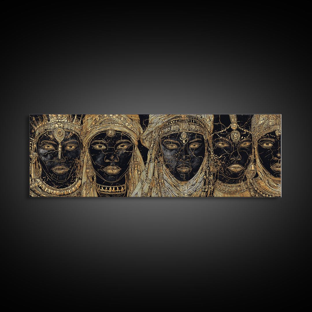 Regal Black And Gold African Queen Faces Framed Canvas Print, Goddess Portrait Wall Art, Luxury Afrocentric Home Decor Gift