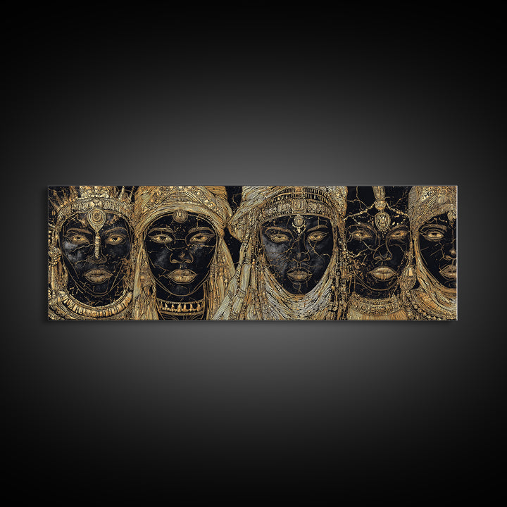 Regal Black And Gold African Queen Faces Framed Canvas Print, Goddess Portrait Wall Art, Luxury Afrocentric Home Decor Gift