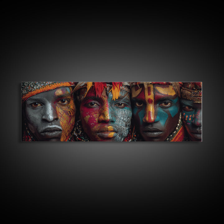 Intense Tribal Painted Faces With Feathers Wall Art, African Warrior Portrait Canvas Print, Bold Afrocentric Home Decor Gift