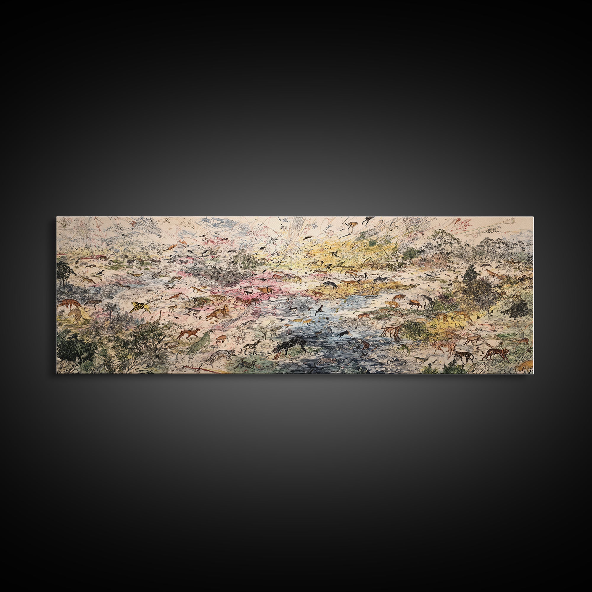 Abstract African Safari Landscape Canvas Print, Earth Tone Wildlife Migration Scene, Modern Home Decor For Living Room Wall