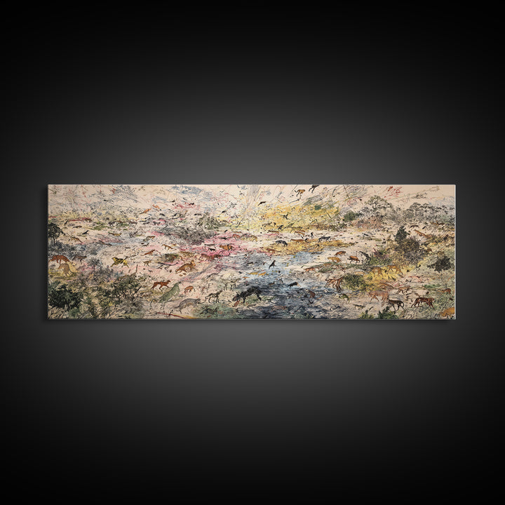 Abstract African Safari Landscape Canvas Print, Earth Tone Wildlife Migration Scene, Modern Home Decor For Living Room Wall