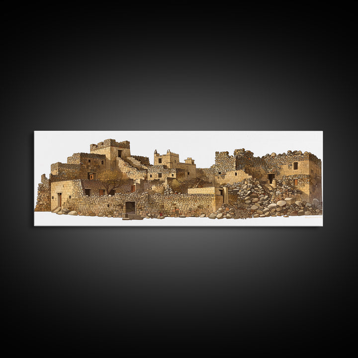 Ancient Desert Stone Village Ruins Wall Art, African Landscape Print, Moroccan Travel Decor, Rustic Cultural Home Decor Gift