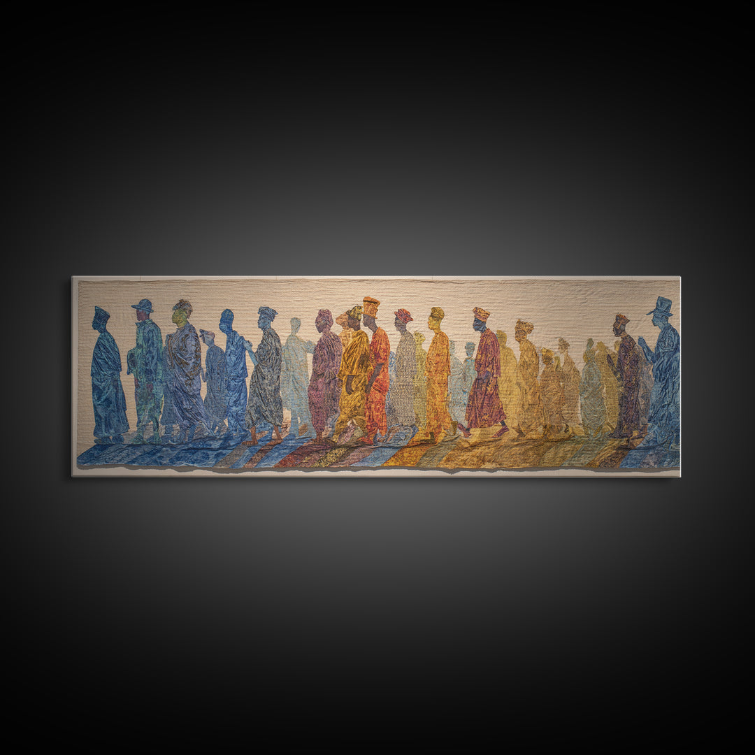 Walking African Silhouettes On Textile Wall Art, Mud Cloth Inspired Decor, Colorful Tribal Figures, Boho Cultural Print Gift
