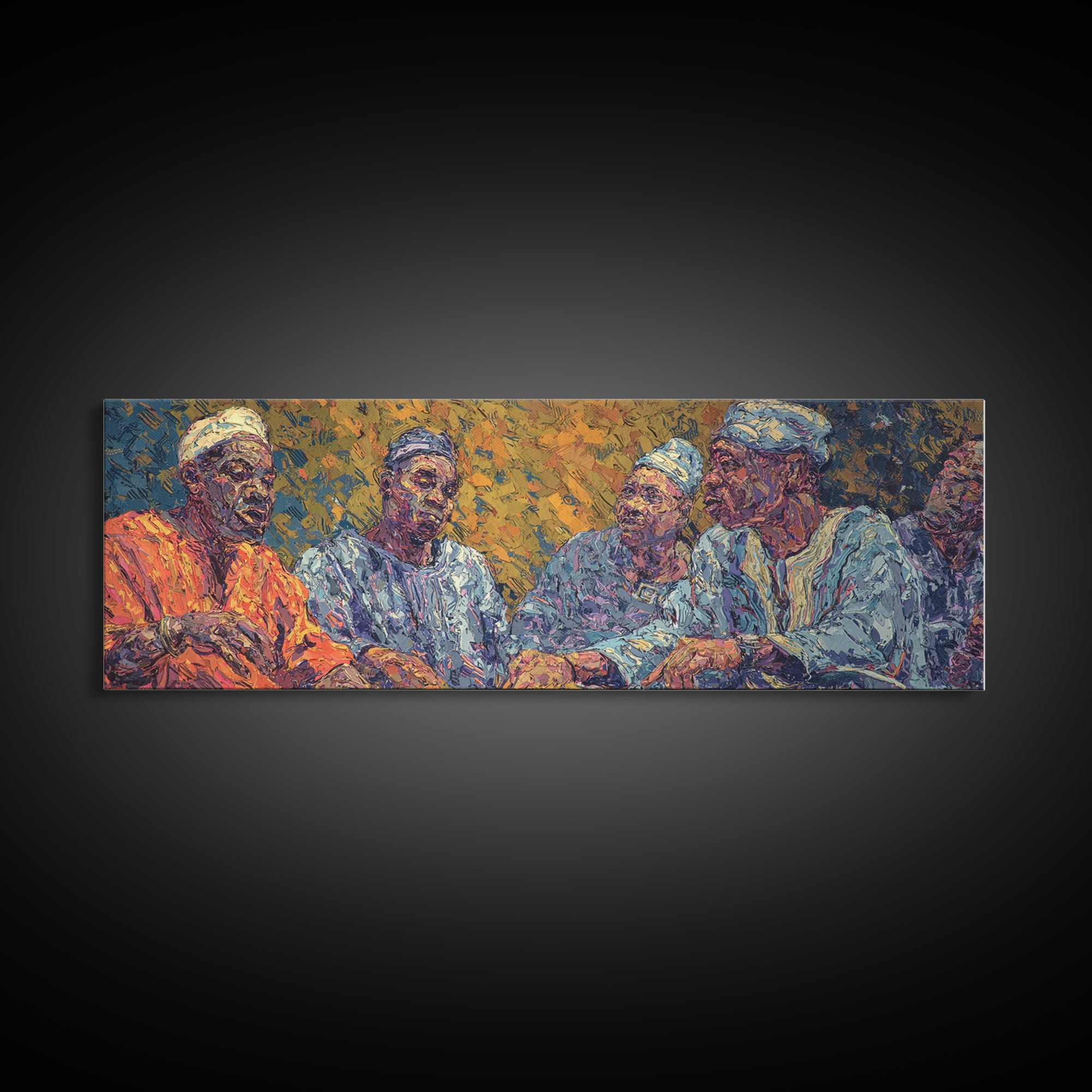 Elder African Men In Blue Robes Framed Canvas Print, Expressive Portrait Wall Decor, Cultural Painting, Afrocentric Art Gift
