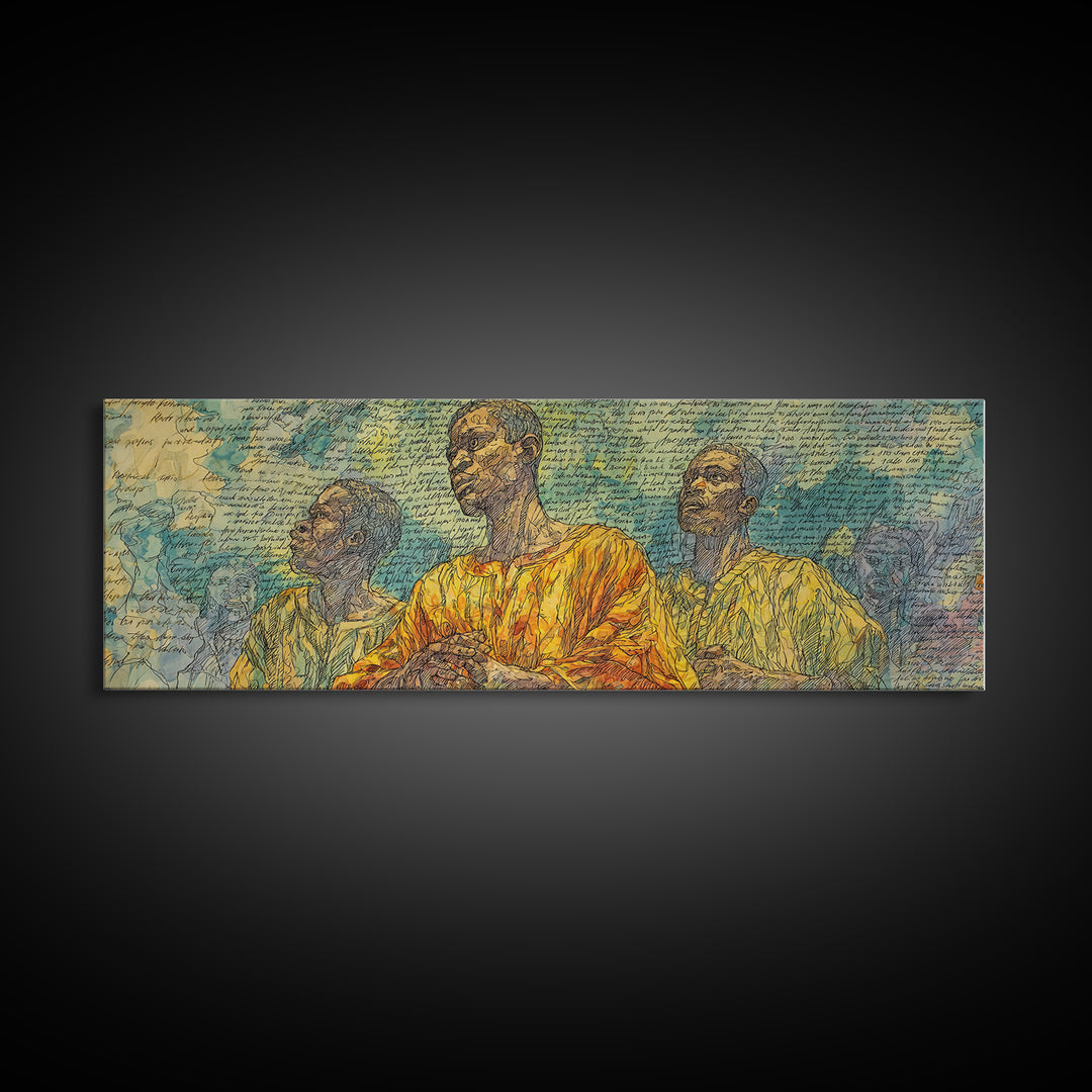 Three African Men Portrait Wall Art, Handwritten Script Texture, Yellow Blue Cultural Decor, Modern Afrocentric Canvas Print