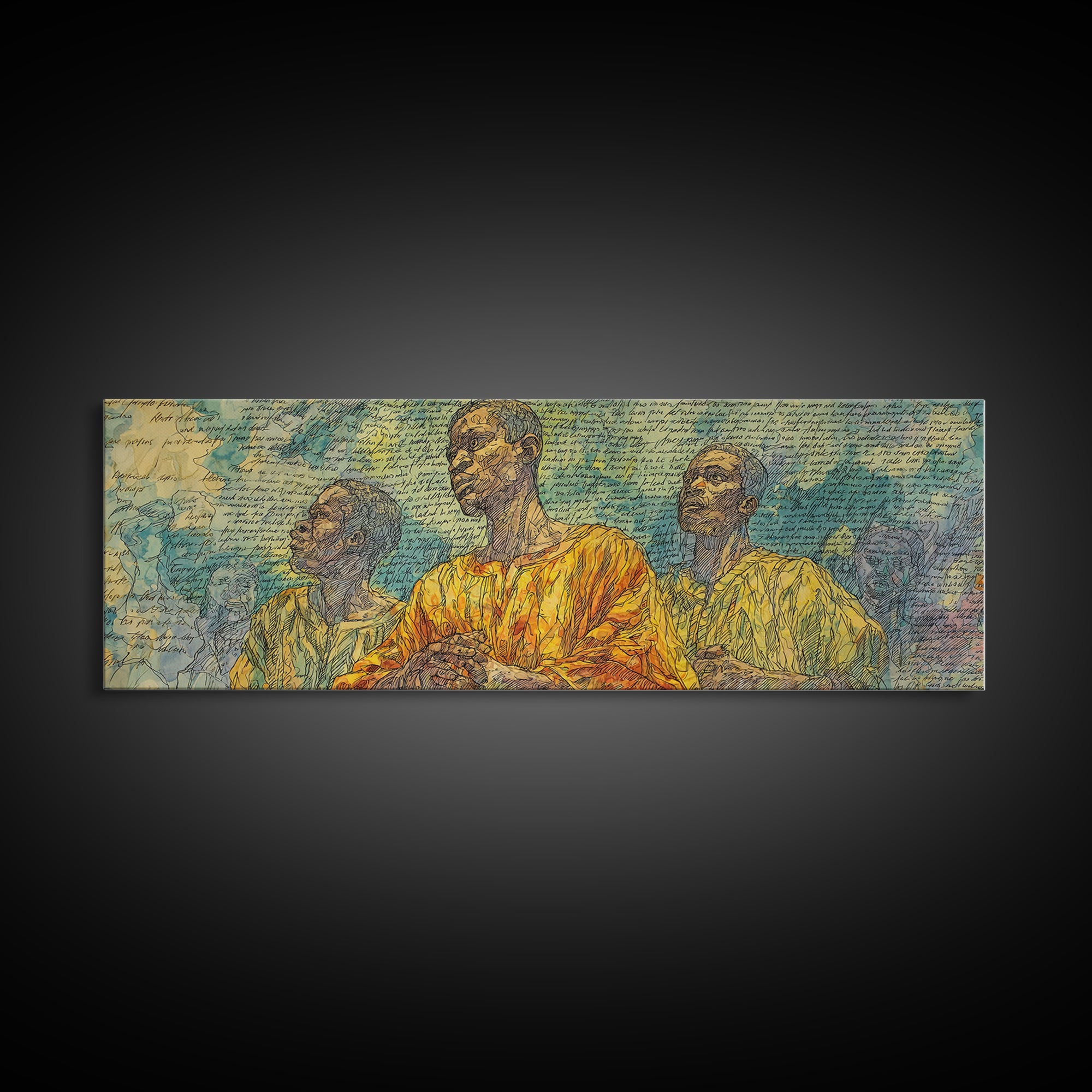 Three African Men Portrait Wall Art, Handwritten Script Texture, Yellow Blue Cultural Decor, Modern Afrocentric Canvas Print