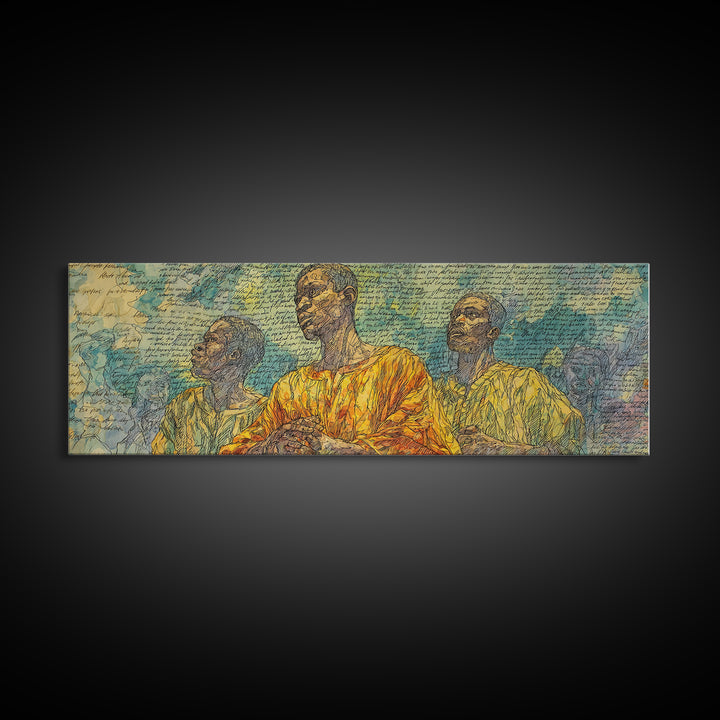 Three African Men Portrait Wall Art, Handwritten Script Texture, Yellow Blue Cultural Decor, Modern Afrocentric Canvas Print