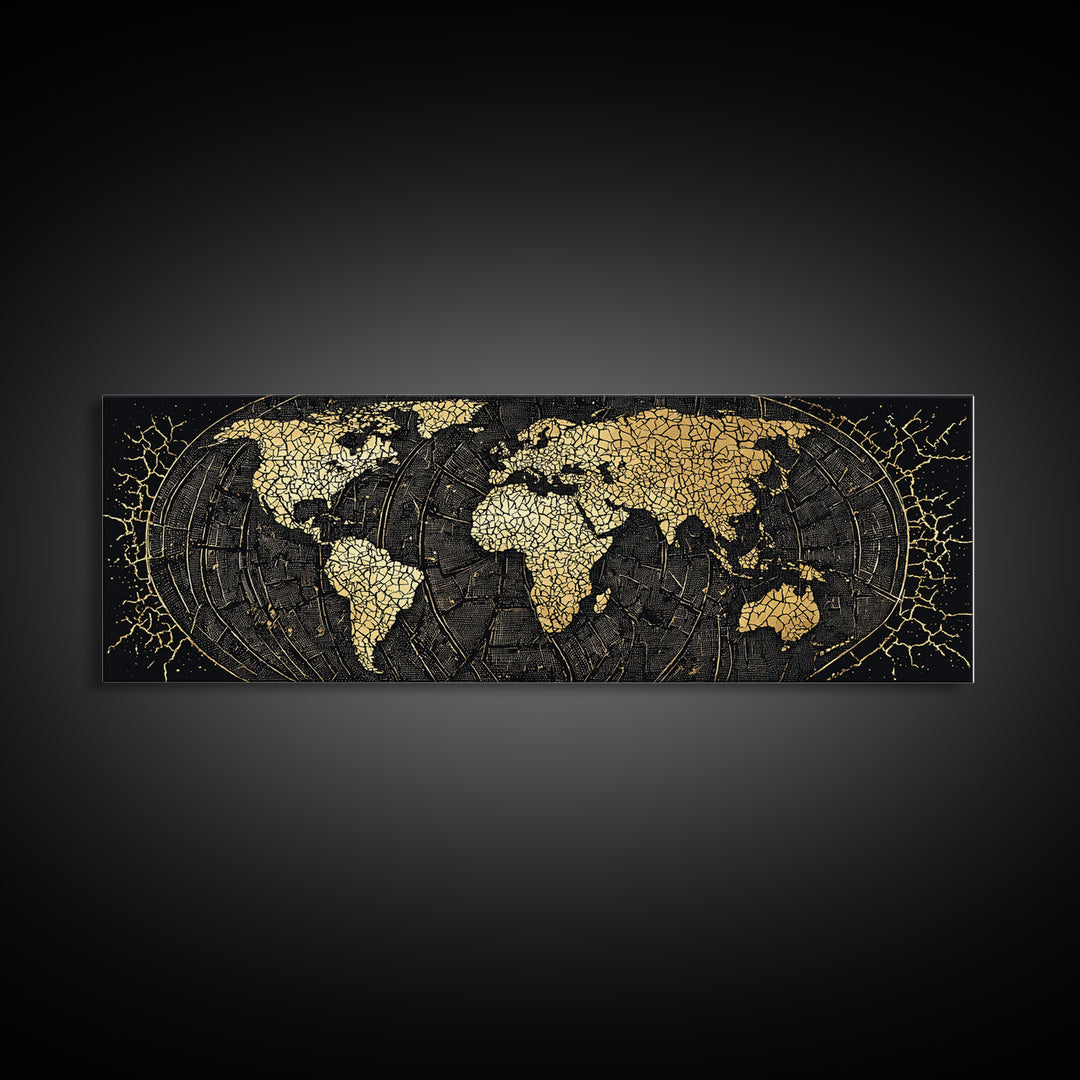 Gold Cracked World Map On Black Canvas Print, African Travel Wall Art, Luxury Home Decor, Modern Office Decor, Gift For Him