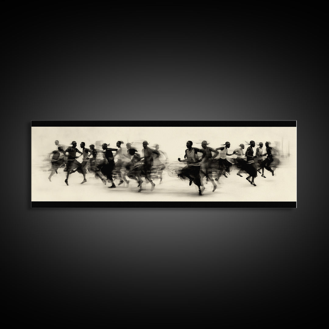 Panoramic Black Runners In Motion Wall Art, African Dance Art Print, Minimalist Charcoal Canvas Print, Modern Home Decor