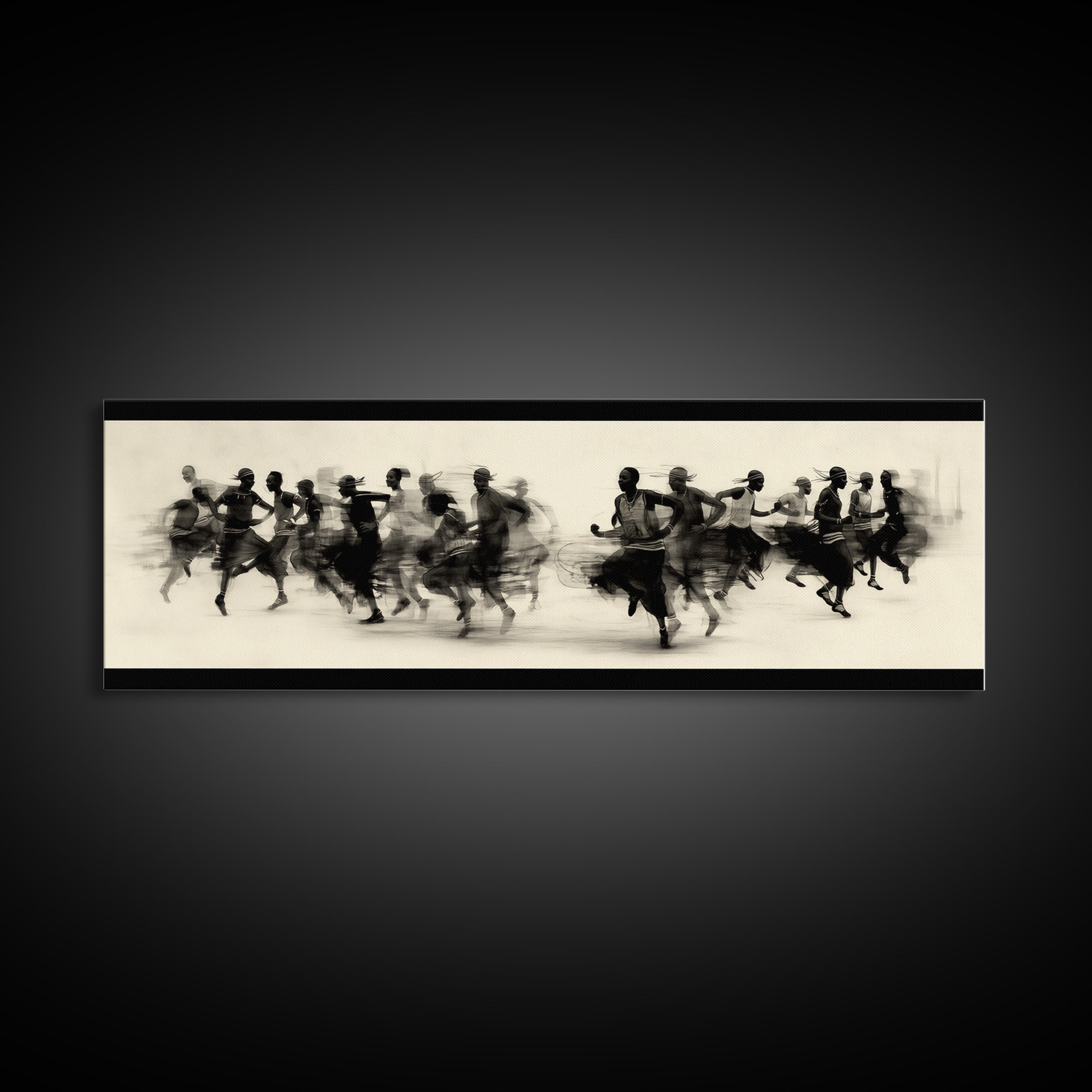 Panoramic Black Runners In Motion Wall Art, African Dance Art Print, Minimalist Charcoal Canvas Print, Modern Home Decor