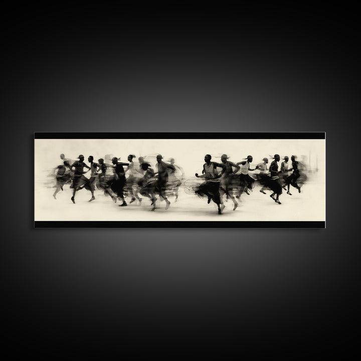 Panoramic Black Runners In Motion Wall Art, African Dance Art Print, Minimalist Charcoal Canvas Print, Modern Home Decor