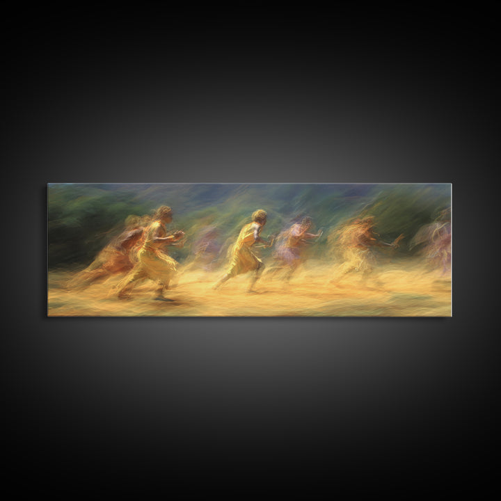 Sunlit Impressionist Runners Across Landscape Wall Art, African Inspired Canvas Print, Dreamy Nature Scene Art, Large Decor Art