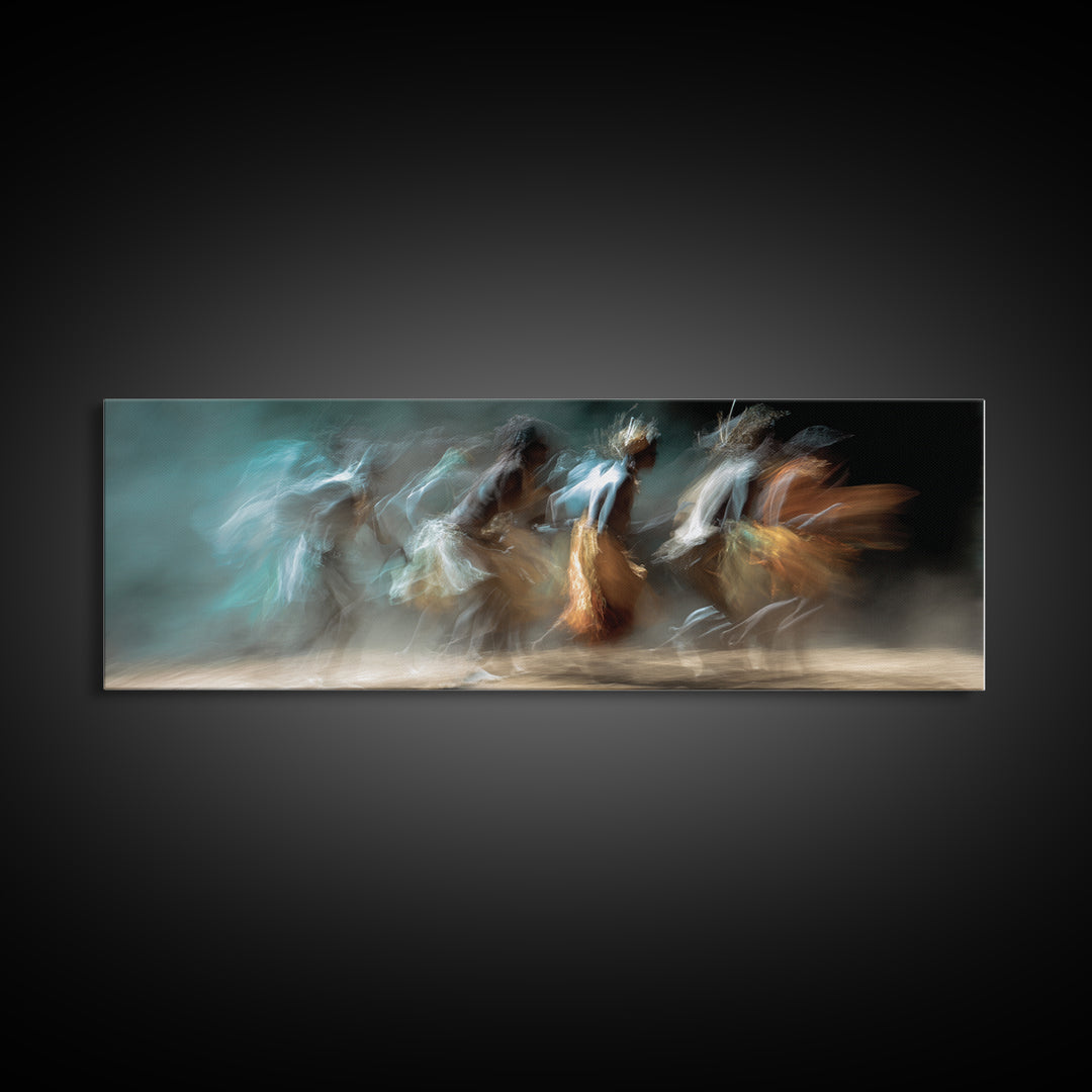 Blurred African Dancers In Blue And Amber Motion Wall Art, Afrocentric Canvas Decor, Cultural Dance Print, Living Room Art