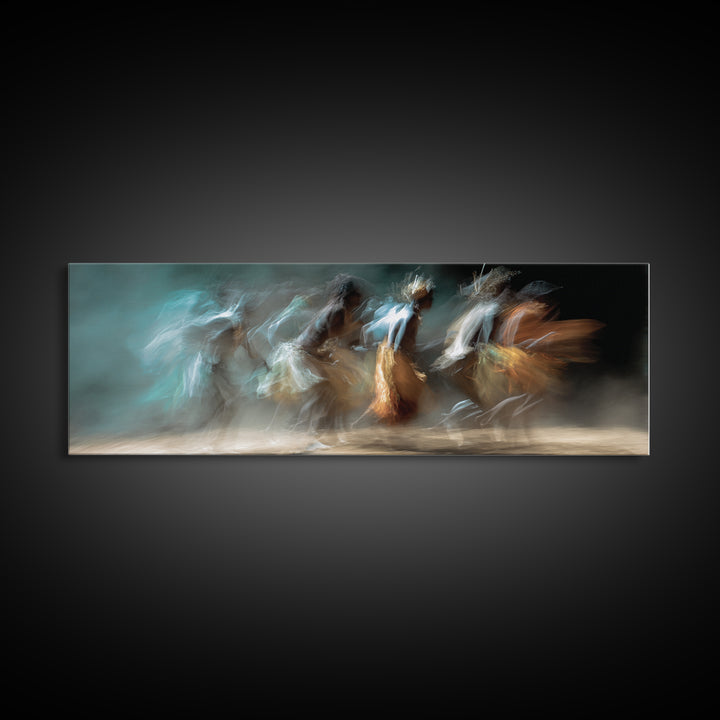 Blurred African Dancers In Blue And Amber Motion Wall Art, Afrocentric Canvas Decor, Cultural Dance Print, Living Room Art