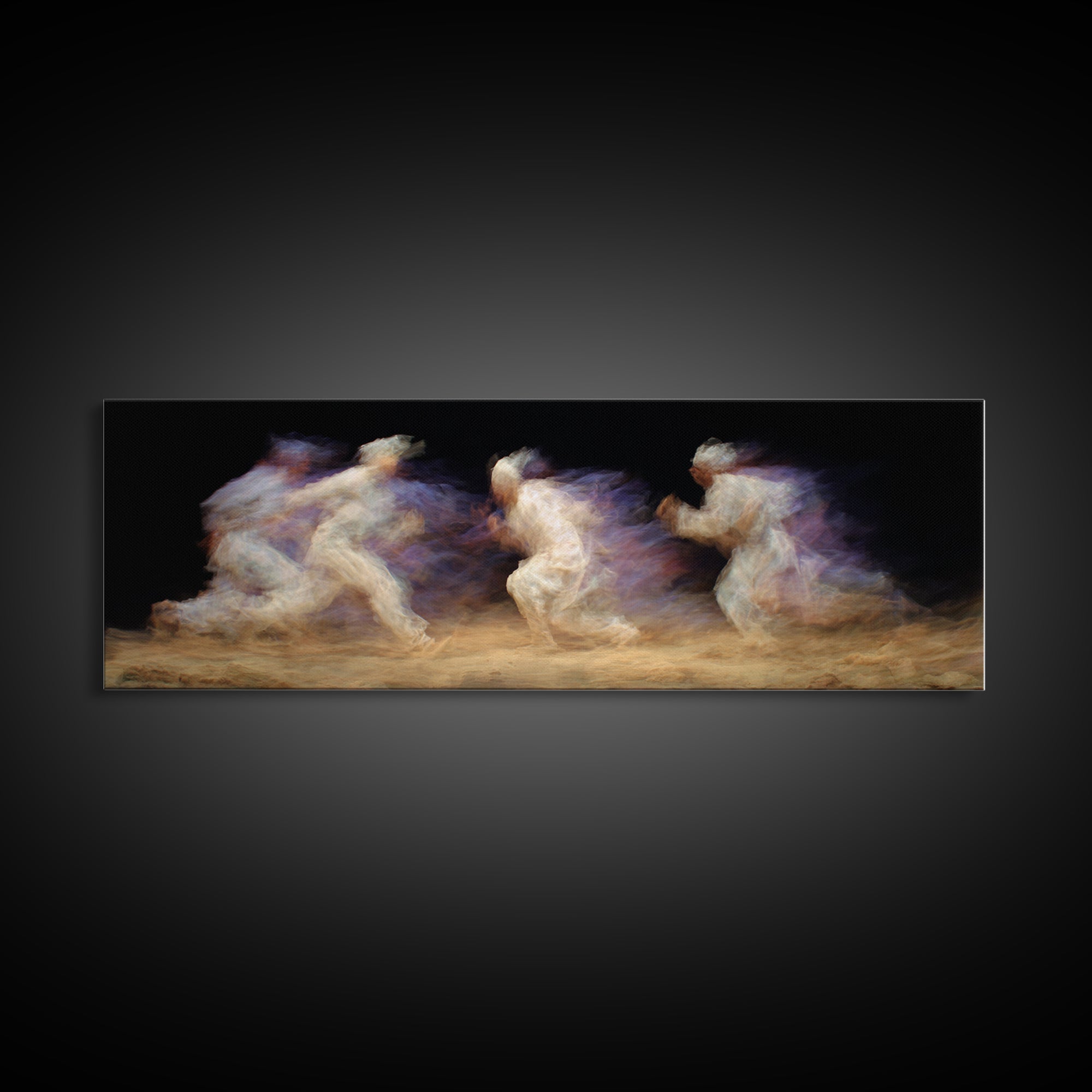 Ghostly African Runners In Sand And Violet Motion Canvas Print, Abstract Black Art, Athletic Dance Decor, Modern Wall Decor