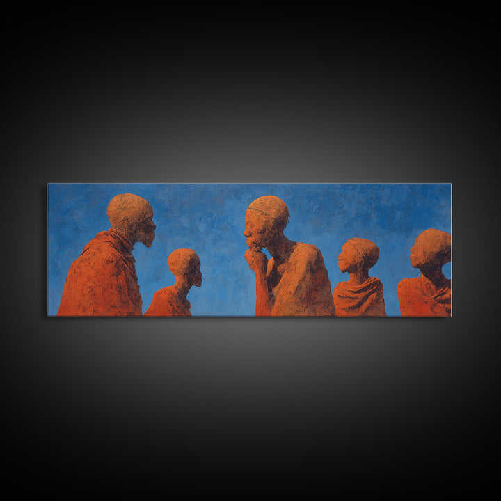 Terracotta African Figures Sharing Stories On Blue Wall Art, Tribal Family Decor, Cultural Portrait Print, Warm Minimalist Art