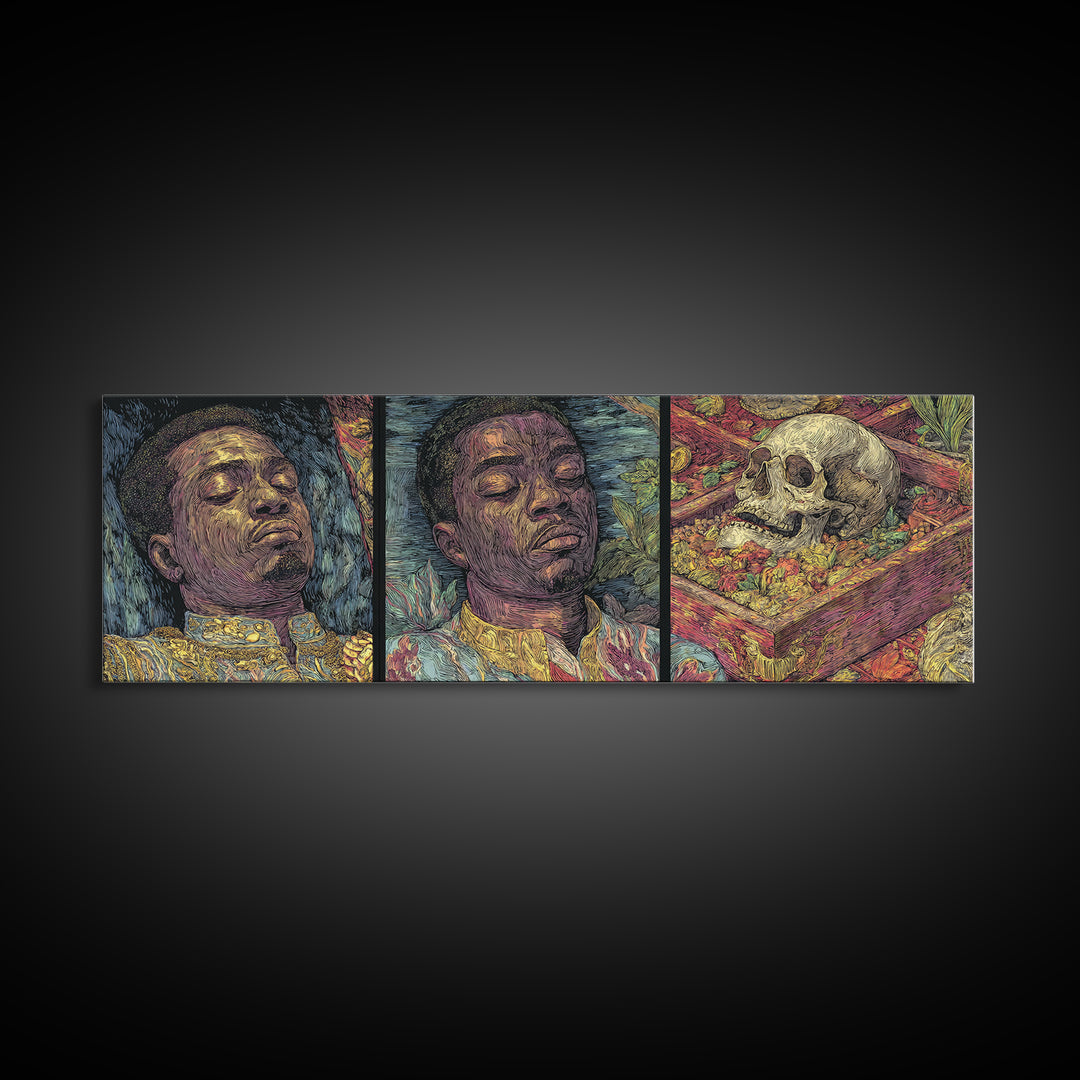 Triptych African Man Portrait With Skull Still Life Canvas Print, Contemporary Black Art, Cultural Wall Decor, Gallery Art