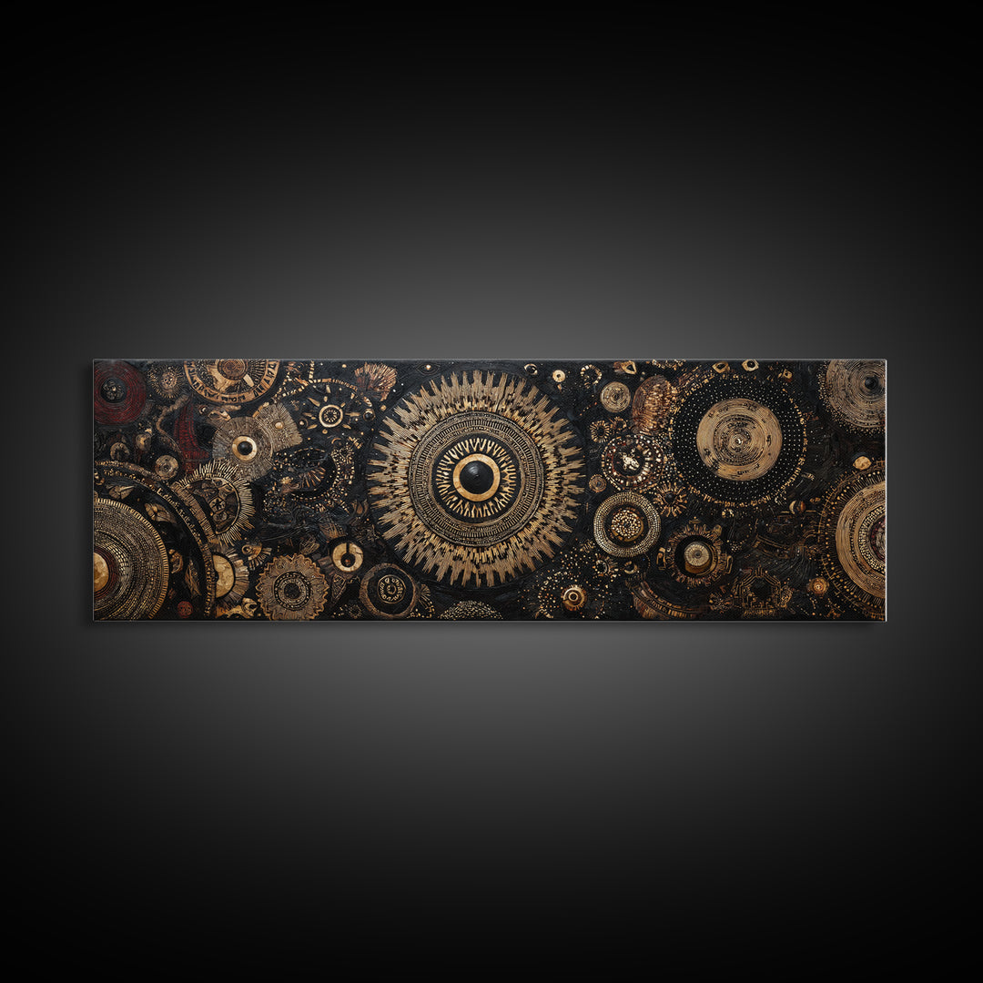 Ornate Black And Gold Mandala Gears Abstract Wall Art, Luxury Canvas Decor, Geometric Pattern Print, Elegant Home Decor Art