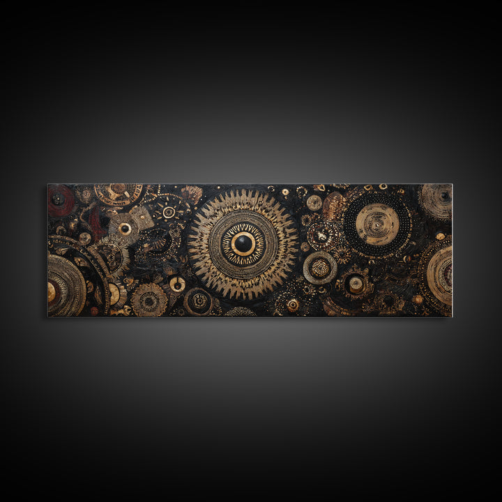 Ornate Black And Gold Mandala Gears Abstract Wall Art, Luxury Canvas Decor, Geometric Pattern Print, Elegant Home Decor Art