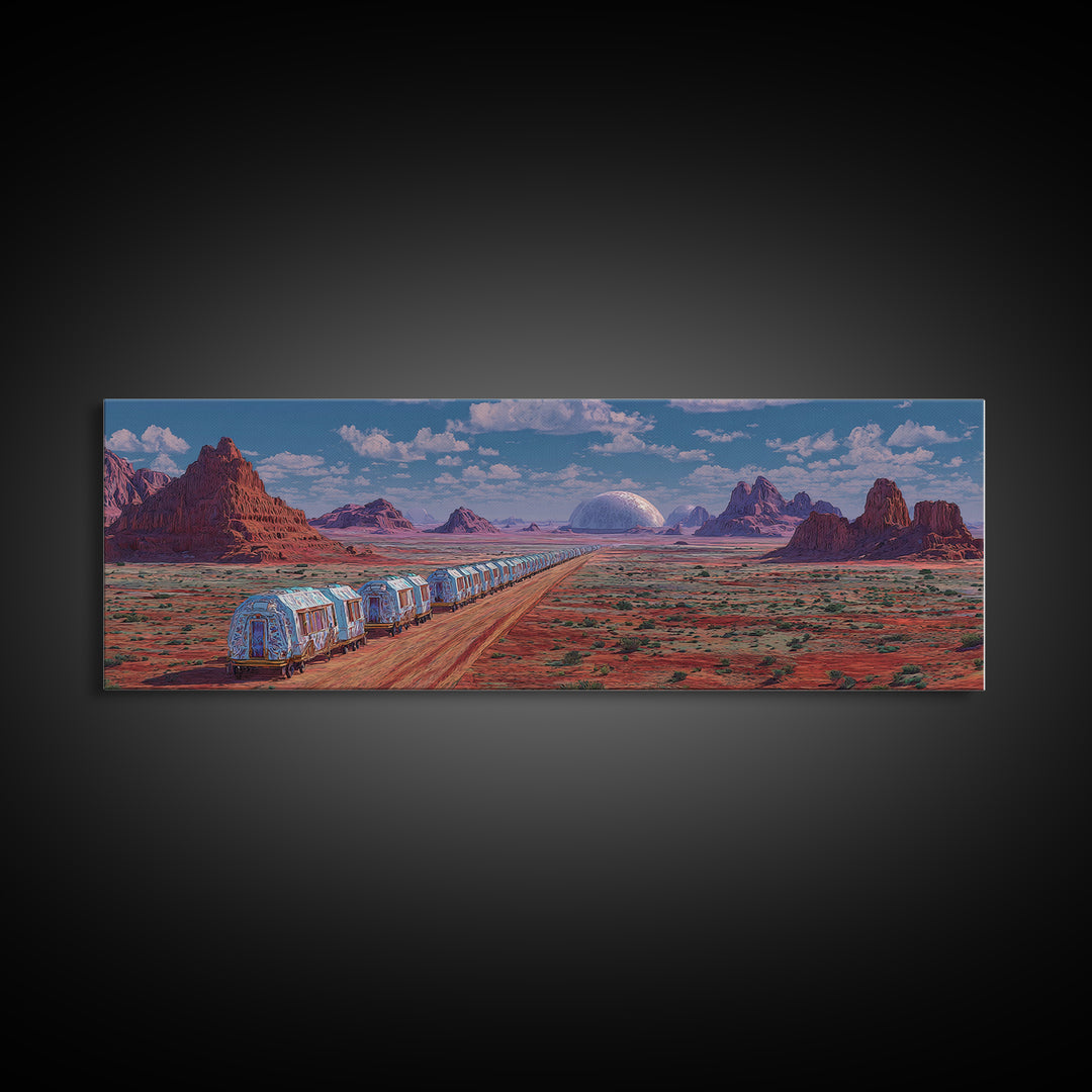 Futuristic Desert Train Crossing Red Plains Canvas Print, African Landscape Wall Art, Modern Canvas Art, Large Home Decor