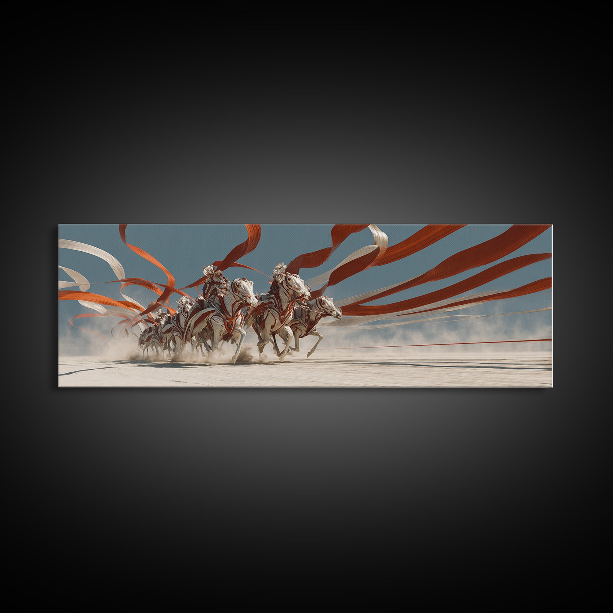 White Horses And Chariot Riders With Flowing Ribbons Wall Art, African Warrior Art, Equestrian Canvas Print, Statement Decor
