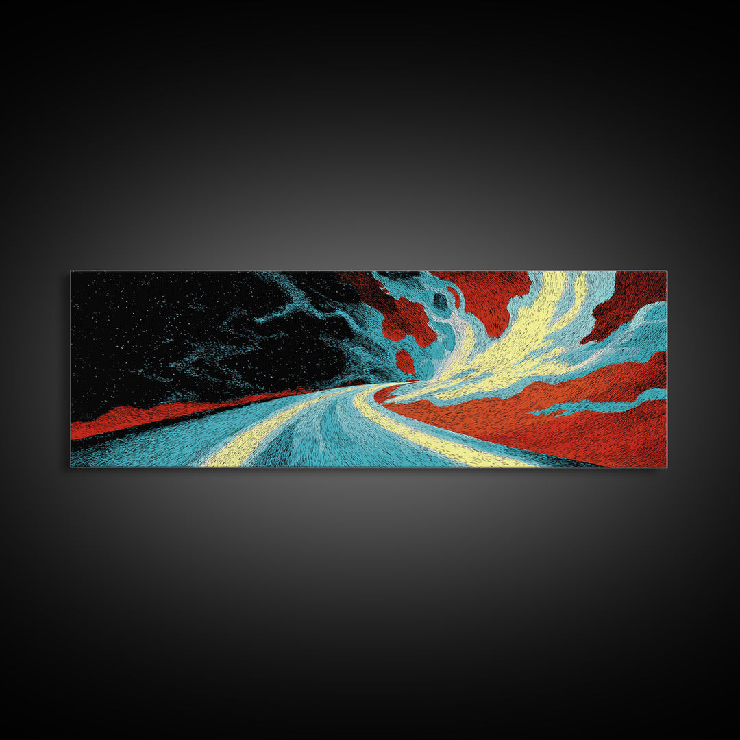 Electric Desert Highway Wall Art, Abstract Red Turquoise Road, Modern Canvas Decor, Large Statement Art For Living Room Decor