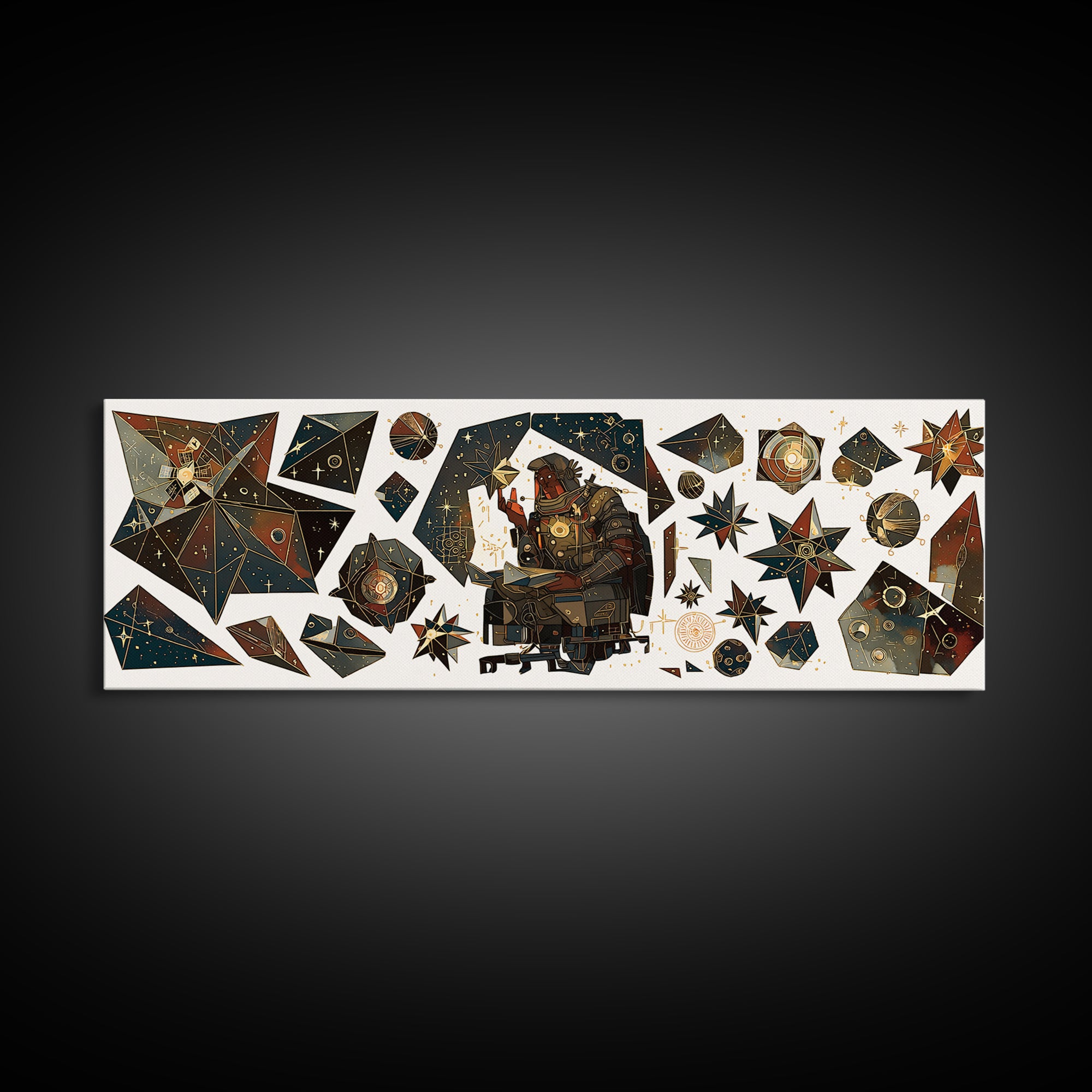 Celestial African Scholar Wall Art, Geometric Stars And Astronomy Decor, Afrocentric Canvas Print For Office Or Study Room
