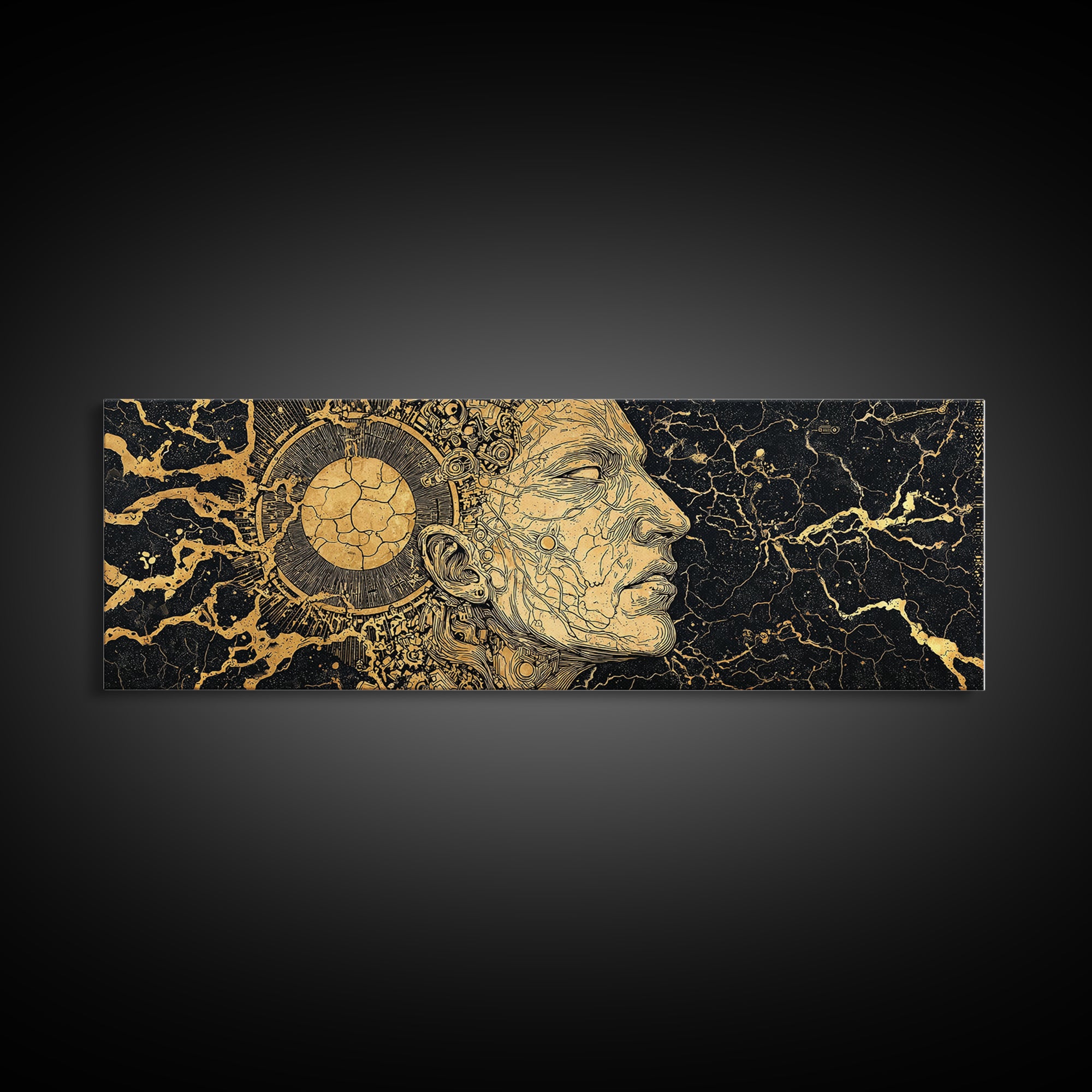 Golden Ancestral Profile Wall Art, African Portrait Linework, Black And Gold Cultural Canvas Print, Elegant Home Decor Gift