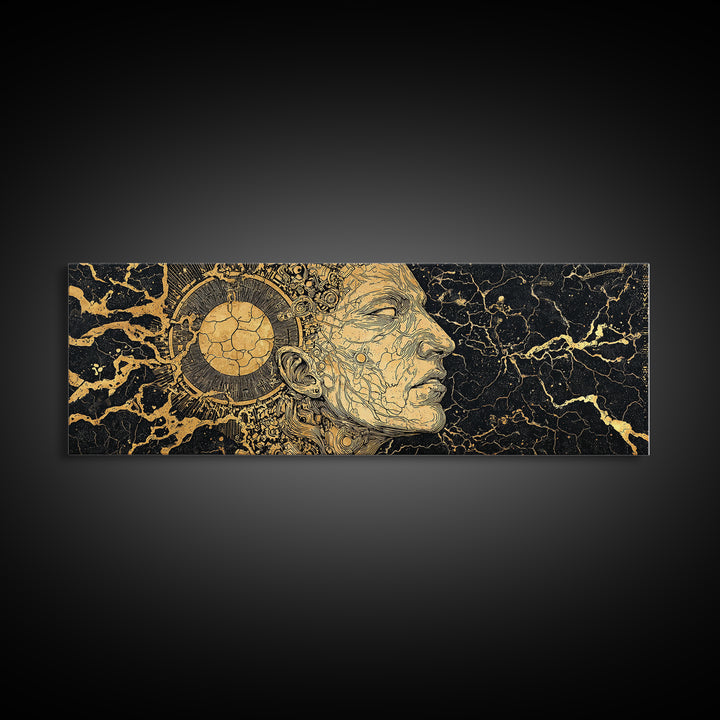 Golden Ancestral Profile Wall Art, African Portrait Linework, Black And Gold Cultural Canvas Print, Elegant Home Decor Gift