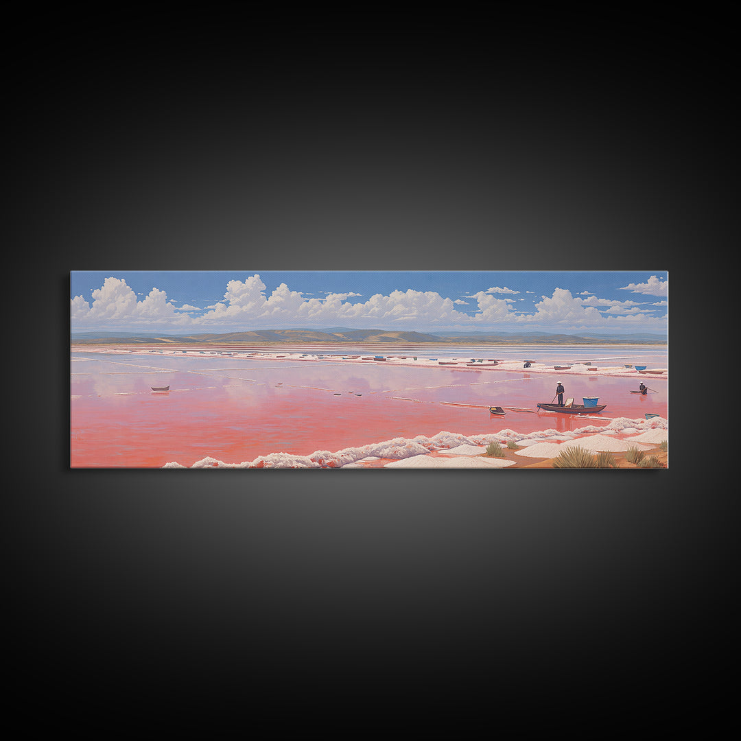 Pink Salt Lake Boats Wall Art, Pastel African Landscape, Coastal Travel Poster, Serene Canvas Decor For Living Room Gift