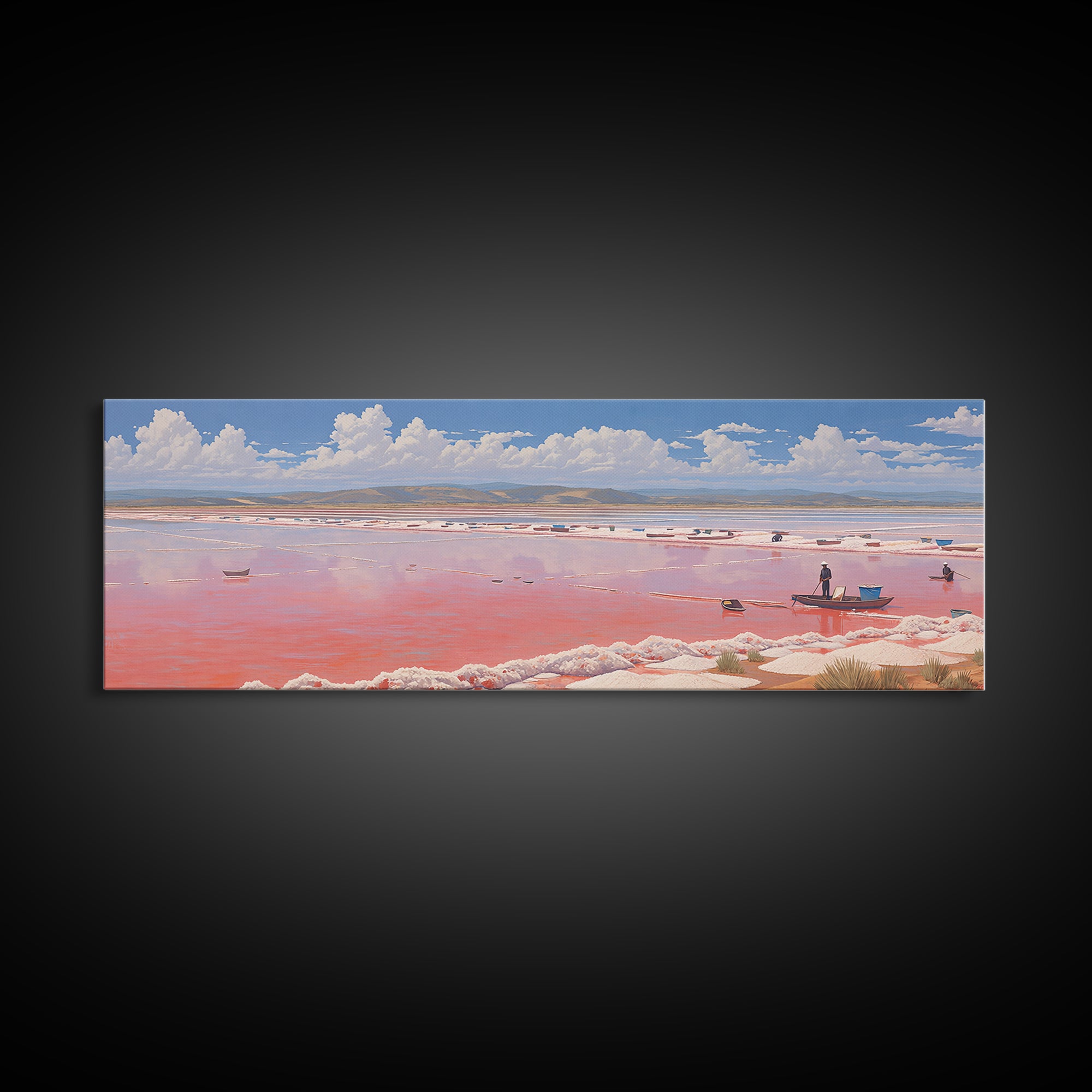 Pink Salt Lake Boats Wall Art, Pastel African Landscape, Coastal Travel Poster, Serene Canvas Decor For Living Room Gift