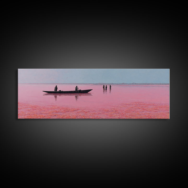 Minimal Pink Lake Boat Wall Art, African Seascape Print, Black Silhouette Decor, Calm Pastel Landscape For Bedroom Wall Decor