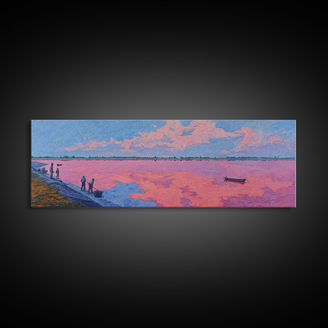 Pastel Pink Lake Sunset Canvas Print, African Landscape With Boat, Dreamy Wall Decor, Modern Coastal Art For Living Room