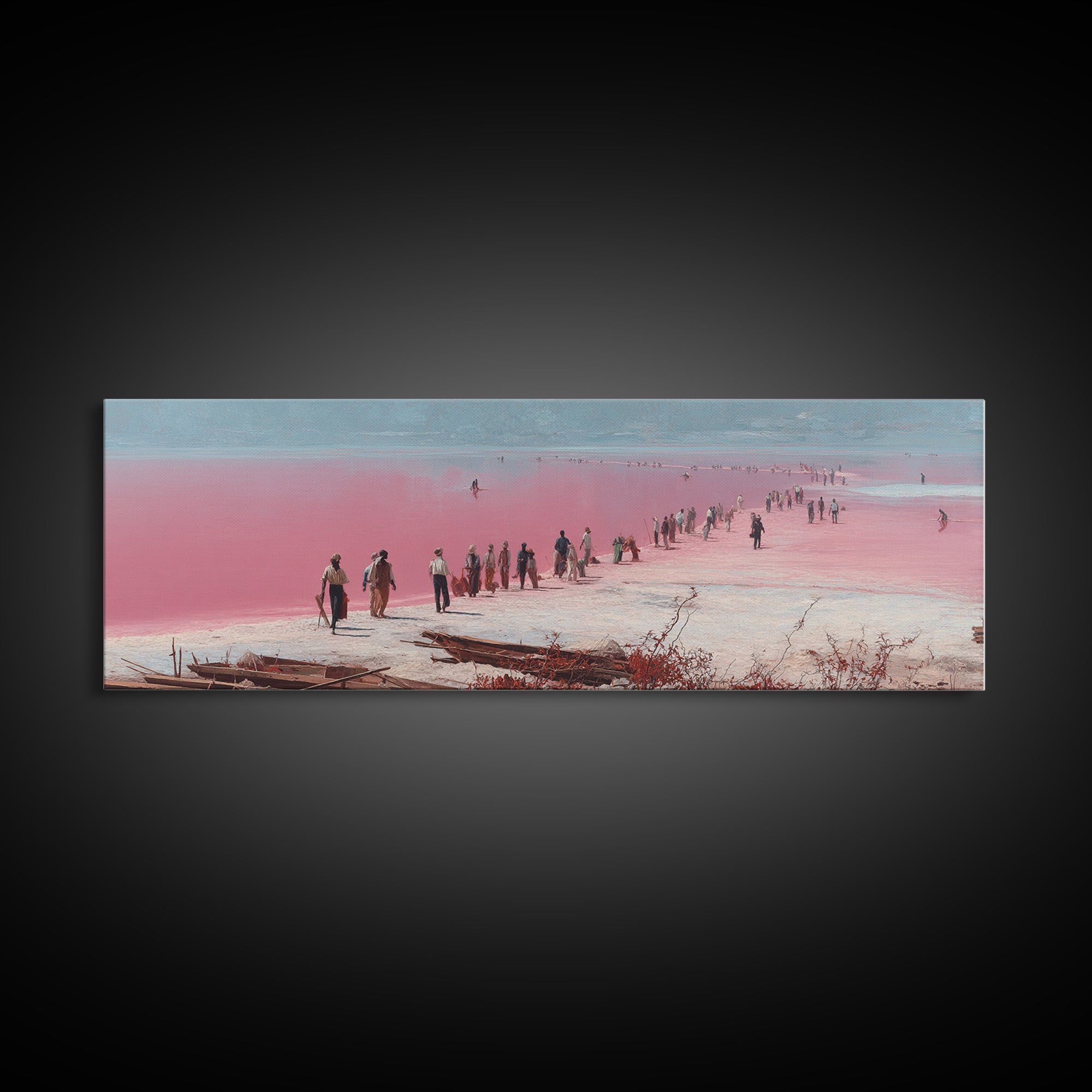 Pink Salt Flats Procession Wall Art, African Lake Landscape, Coastal Travel Poster, Pastel Canvas Decor For Living Room Gift