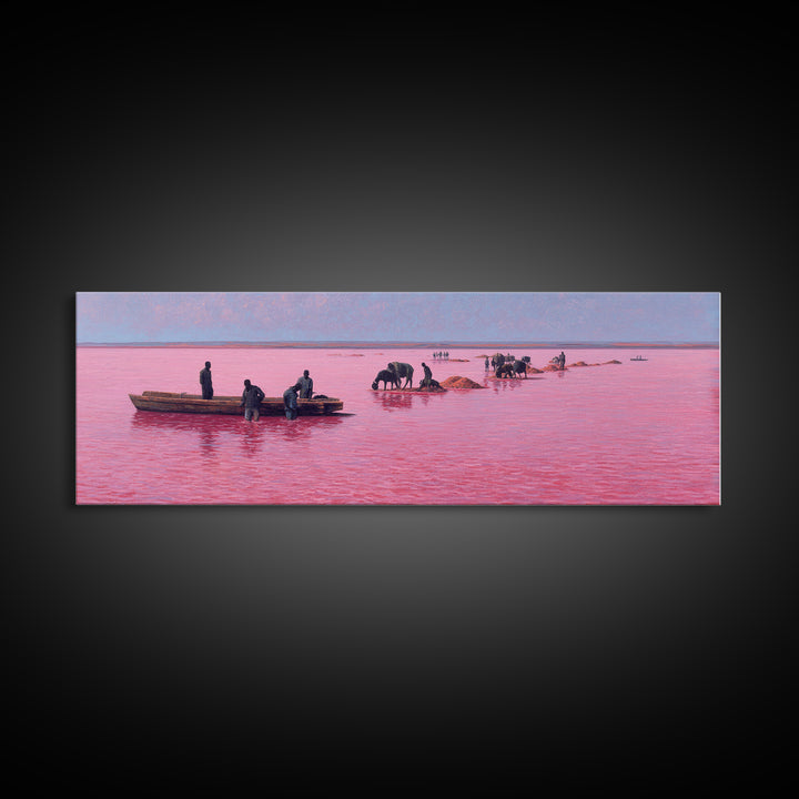 Pink Lake Salt Harvest Canvas Print, African Boats And Cattle Landscape, Coastal Wall Decor, Unique Living Room Art Gift