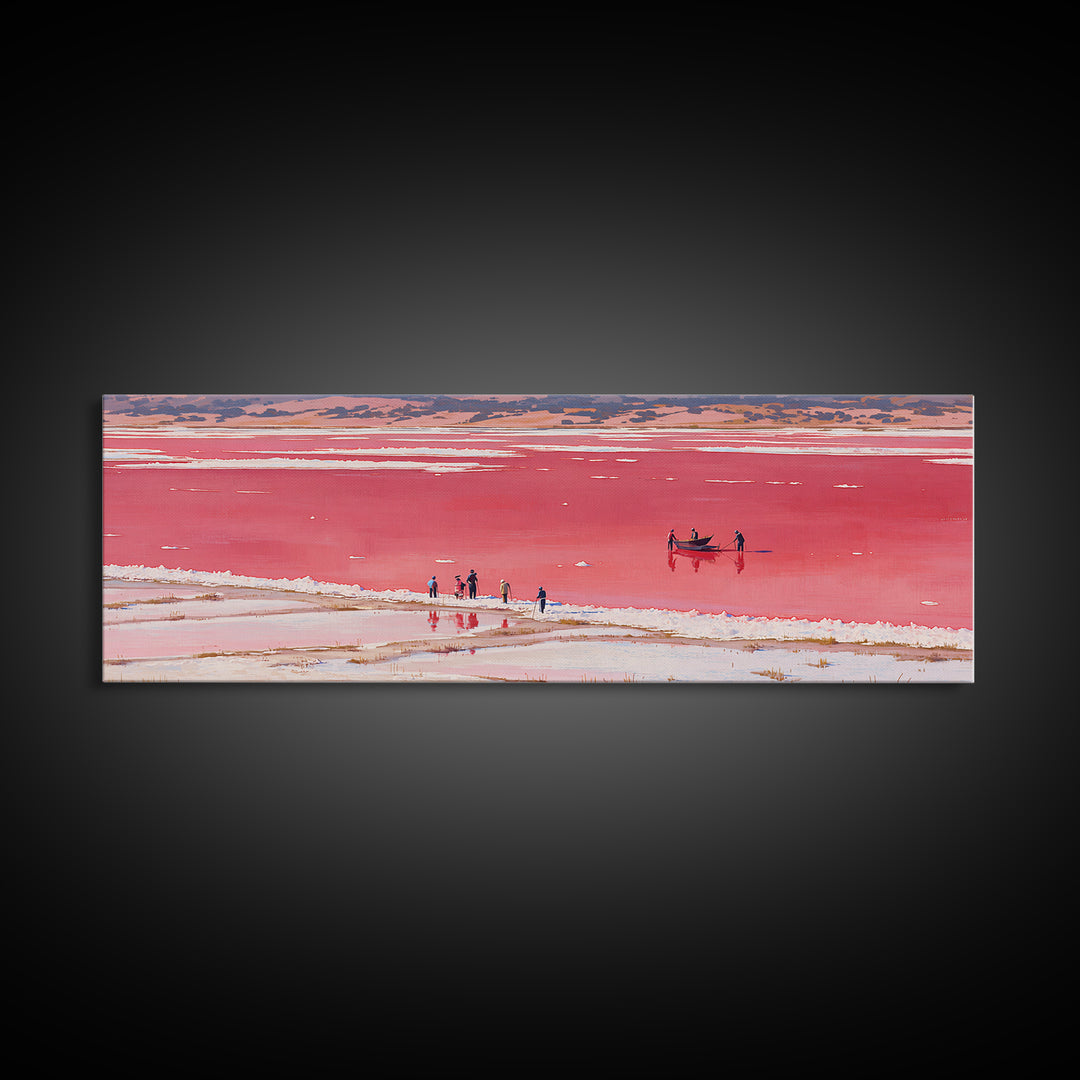 Red Pink Salt Lake Boat Wall Art, African Coastal Landscape, Minimal Travel Poster, Vibrant Canvas Style For Living Room Decor