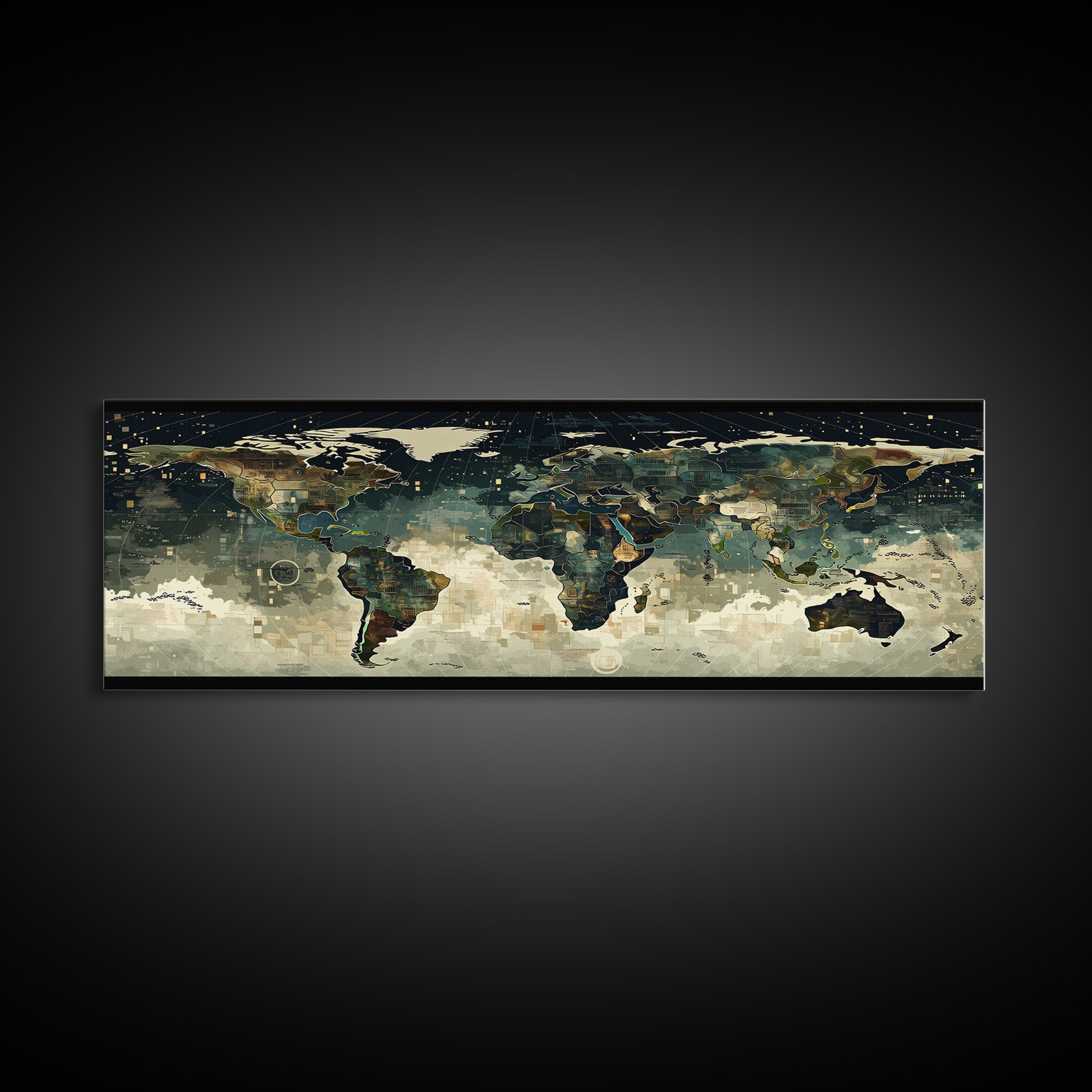 Abstract World Map Wall Art, Earth Tone Travel Decor, Modern Canvas Print Style, Office Geography Poster For Home Office Decor